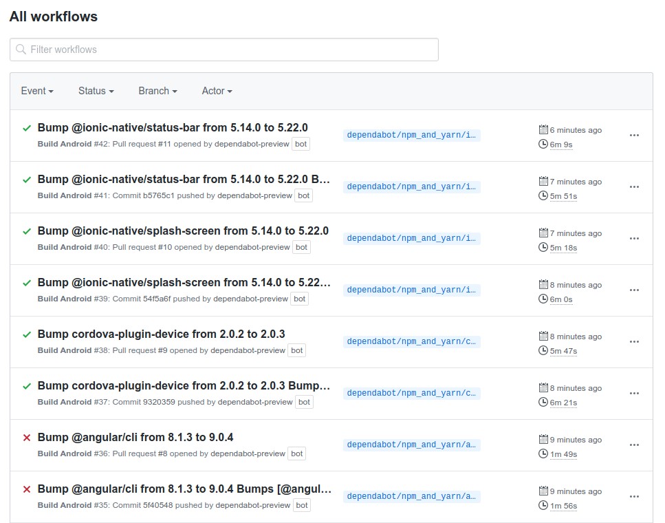 Github Action results list for Ionic build